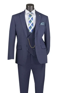 Modern Fit Navy 3 Piece Suit with Vest and Adjustable Waistband Pants