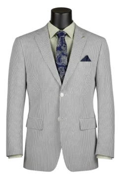 Modern Fit Summer 2 Piece 2 Button Suit Striped Seersucker in Dark Green