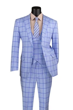 Modern Fit Windowpane Suit 3 Piece with U-Neck Vest in Light Blue