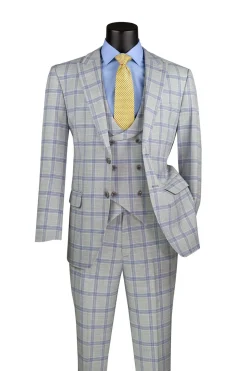 Modern Fit Windowpane Suit 3 Piece with U-Neck Vest in Light Gray