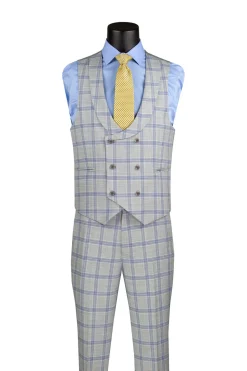 Modern Fit Windowpane Suit 3 Piece with U-Neck Vest in Light Gray