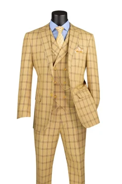 Modern Fit Windowpane Suit 3 Piece in Tan