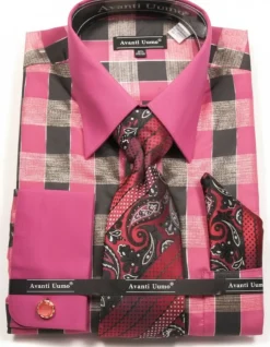 Multi Colored Check Pattern French Cuff Dress Shirt Set - Burgundy