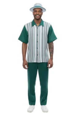 Multi-Tone Vertical Stripe Short Sleeve Walking Suit - Green
