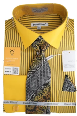 Mustard Black Bold Stripe French Cuff Dress Shirt with Tie, Cuff Links and Pocket Square