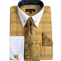 Mustard Glen Plaid French Cuff Dress Shirt Set