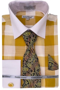 Mustard Tone on Tone Check Printed Dress Shirt Set with Tie and Pocket Square