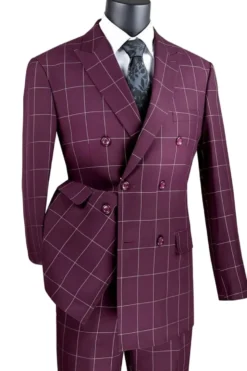 Naples Collection - Wine Modern Fit Double Breasted Windowpane Peak Lapel 2 Piece Suit