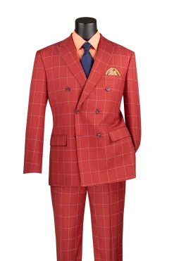 Naples Collection - Baked Apple Modern Fit Double Breasted Windowpane Peak Lapel 2 Piece Suit