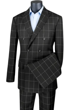 Naples Collection - Black Modern Fit Double Breasted Windowpane Peak Lapel 2 Piece Suit