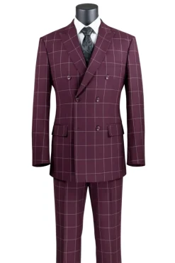 Naples Collection - Wine Modern Fit Double Breasted Windowpane Peak Lapel 2 Piece Suit