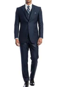 Navy Blue 3 Piece Modern Fit Suit 2 Button V-Neck Vest