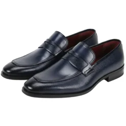 Navy Leather Moc-Toe Strap Penny Loafer