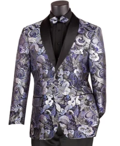 Navy Modern Fit Paisley Pattern Jacquard Fabric Jacket with Bow Tie