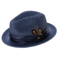 Navy Pinch Braided Fedora With Matching Satin Ribbon