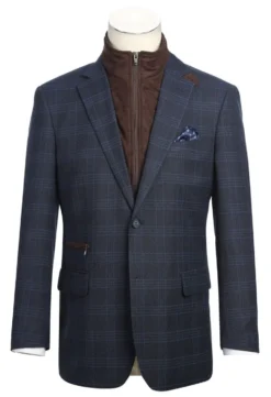 Navy Regular Fit 2 Button Plaid Blazer with Bib