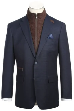Navy Regular Fit 2 Button Mini Check Blazer with Bib