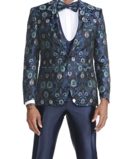 Navy Slim Fit Tuxedo 4 Piece Floral Pattern with Bow Tie