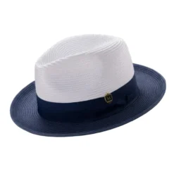 Navy Two-Tone Wide Brim Matching Grosgrain Ribbon Braided Straw Fedora