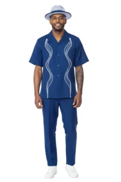 Navy Wave Embroidery Short Sleeve Walking Suit