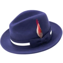 Navy Wool Felt Fedora with Band and Ribbon