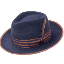 Navy Wool Felt Fedora with Striped Ribbon Band