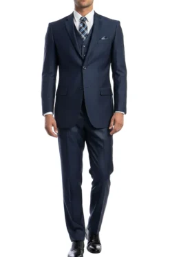 Navy Blue 3 Piece Modern Fit Suit 2 Button V-Neck Vest