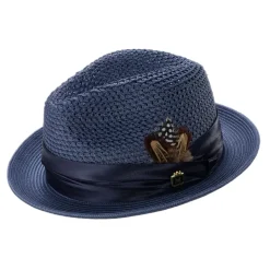 Navy Pinch Braided Fedora With Matching Satin Ribbon