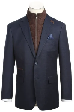 Navy Regular Fit 2 Button Mini Check Blazer with Bib