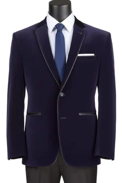 Navy Slim Fit Velvet Sport Coat Single Breasted 2 buttons