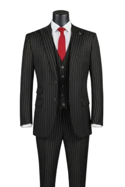 Odyssey Collection - Black Regular Fit Bold Stripes 3-Piece Suit With Adjustable Waistband Pants