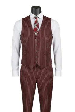 Odyssey Collection - Burgundy Regular Fit Bold Stripes 3-Piece Suit With Adjustable Waistband Pants