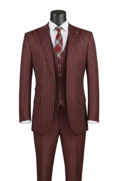 Odyssey Collection - Burgundy Regular Fit Bold Stripes 3-Piece Suit With Adjustable Waistband Pants