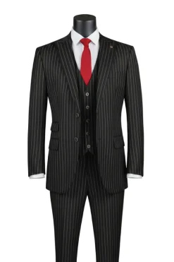 Odyssey Collection - Black Regular Fit Bold Stripes 3-Piece Suit With Adjustable Waistband Pants