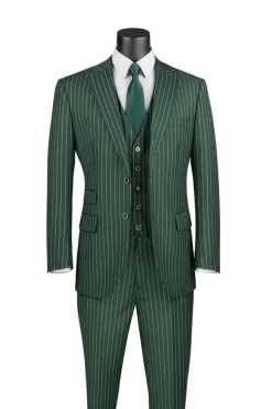 Odyssey Collection - Hunter Green Regular Fit Bold Stripes 3-Piece Suit With Adjustable Waistband Pants