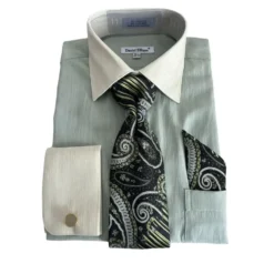 Olive Textured French Cuff Dress Shirt Set