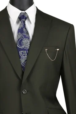 Olive Modern Fit 2 Piece Suit Textured Solid with Peak Lapel