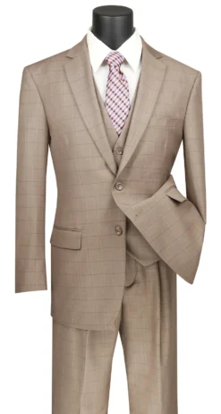 Olympia Collection - Glen Plaid Regular Fit Suit 3 Piece Tan