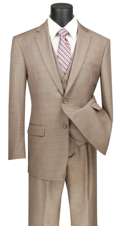 Olympia Collection - Glen Plaid Regular Fit Suit 3 Piece Tan