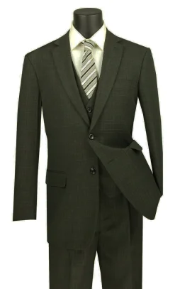 Olympia Collection - Glen Plaid Regular Fit Suit 3 Piece Olive
