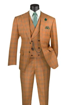 Orange Modern Fit Windowpane Peak Lapel 3 Piece Suit
