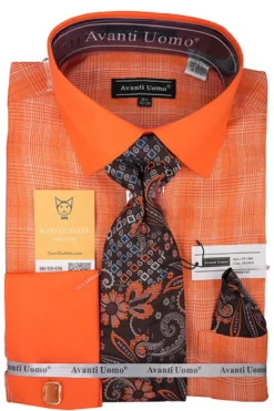 Orange Plaid French Cuff Dress Shirt Set with Cuff Links, Tie and Pocket Square