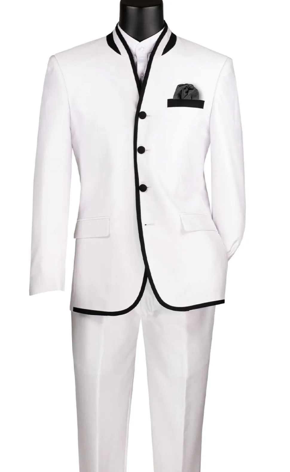 Oriental Collection - Banded Collar Slim Fit Suit Shiny Sharkskin 2 Piece White