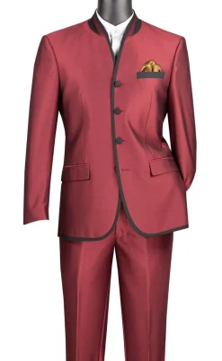 Oriental Collection - Banded Collar Slim Fit Suit Shiny Sharkskin 2 Piece Wine