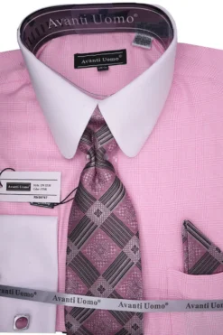 Pink Windowpane Dress Shirt Set with Tie and Handkerchief