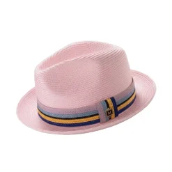 Pink Braided Fedora Hat with Multi-Color Striped Band