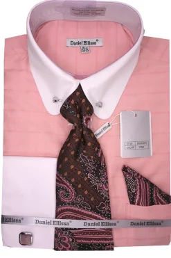 Pink Tone-on-tone Check Dress Shirt Set with Tie and Handkerchief