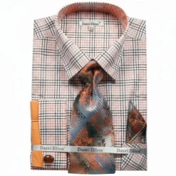 Plaid French Cuff Dress Shirt Set - Black/Orange