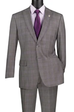 Pompey Collection - Men's Glen Plaid Dress Suit 2 Piece Regular Fit in Gray