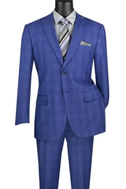 Pompey Collection - Men's Glen Plaid Dress Suit 2 Piece Regular Fit in Blue